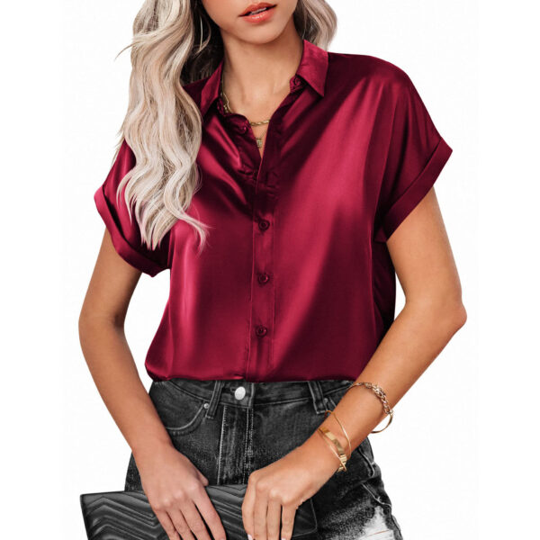 Lapel Button Short Sleeve Shirt Summer Casual Loose Solid Color Beach Top For Womens Clothing - Image 3