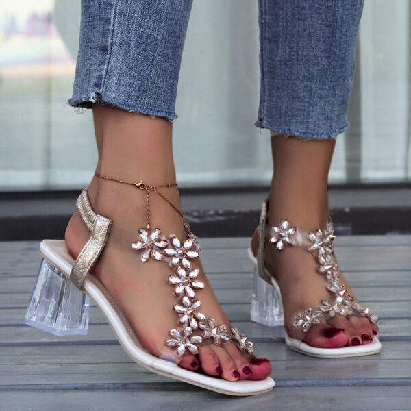 Fashion Flowers Sandals With Transparent High Square Heels Summer Square Toe Shoes For Women - Image 3