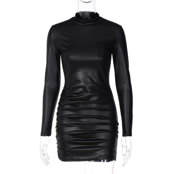 Leather Pleated Slim Fit Round Neck Long Sleeves Dress - Image 4