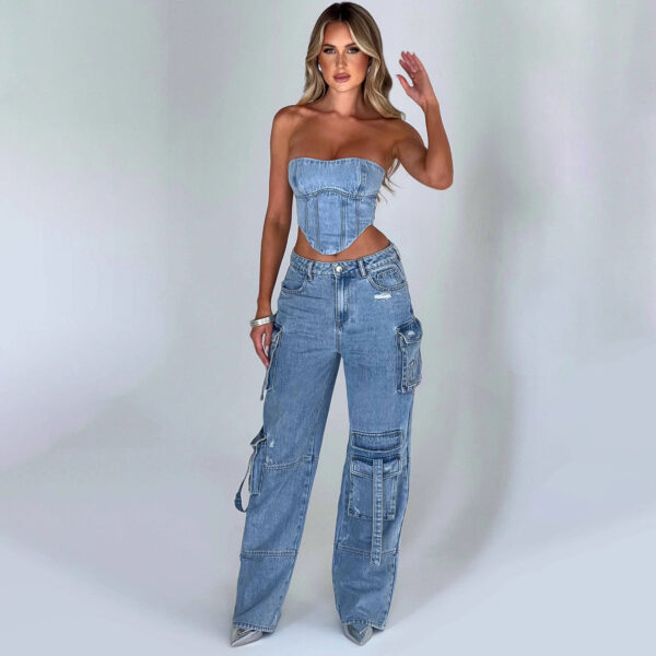 Women's Suit Low Waist Three-dimensional Tube Top And Pocket Stitching Jeans Pants - Image 6