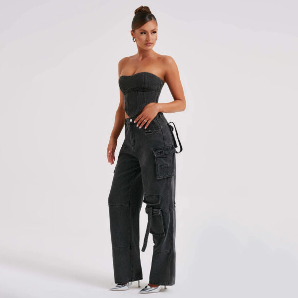 Women's Suit Low Waist Three-dimensional Tube Top And Pocket Stitching Jeans Pants - Image 2