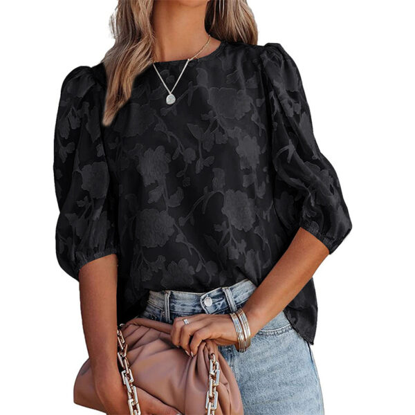 Women's Puff Sleeve Chiffon Loose Top Flower Texture Shirt - Image 5