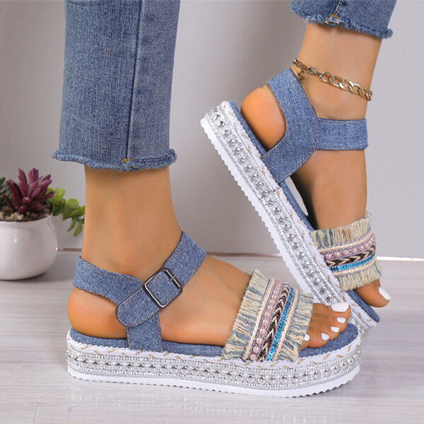 Fashion Tassel Denim Sandals With Thick-soled Flat Heel New Summer Hemp Rope Sole Ethnic Style Shoes For Women - Image 3