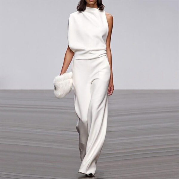 Solid Color One-Shoulder Pile Collar Jumpsuit - Image 9