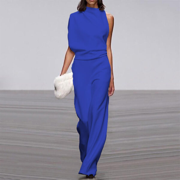 Solid Color One-Shoulder Pile Collar Jumpsuit - Image 10