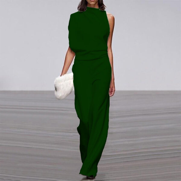 Solid Color One-Shoulder Pile Collar Jumpsuit - Image 6