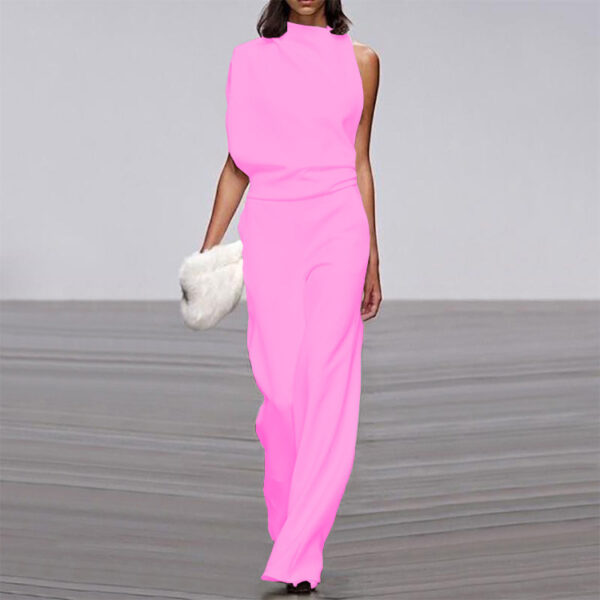 Solid Color One-Shoulder Pile Collar Jumpsuit - Image 7