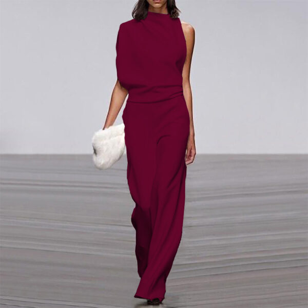 Solid Color One-Shoulder Pile Collar Jumpsuit - Image 2