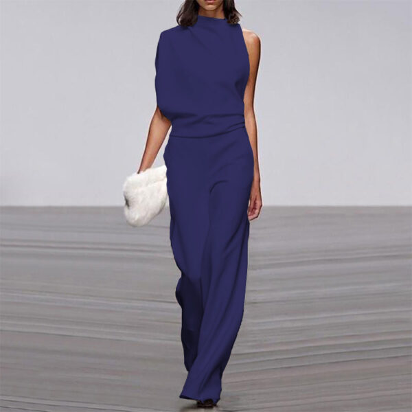 Solid Color One-Shoulder Pile Collar Jumpsuit - Image 5