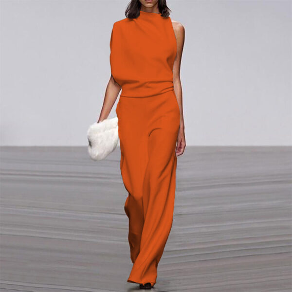 Solid Color One-Shoulder Pile Collar Jumpsuit - Image 4