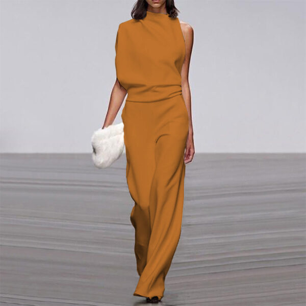 Solid Color One-Shoulder Pile Collar Jumpsuit - Image 3