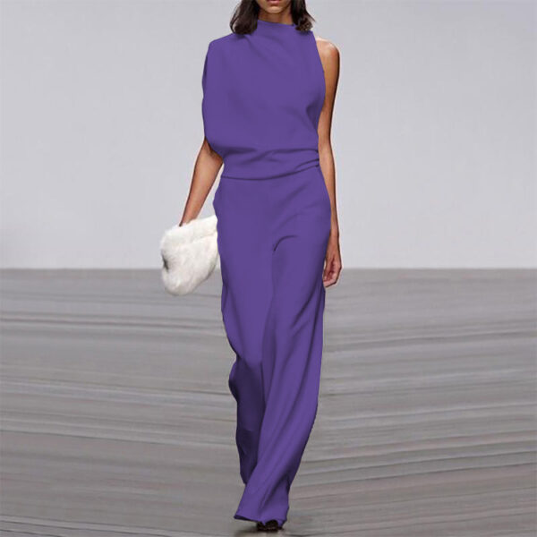 Solid Color One-Shoulder Pile Collar Jumpsuit - Image 8