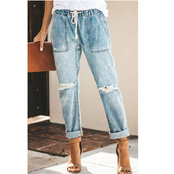 Straight Ripped Jeans For Women Drawstring Trousers With Pockets Fashion Pants - Image 2