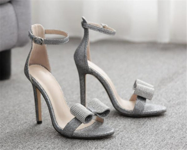 Summer Rhinestone Sandals Silvery Butterfly-knot Women Fashion High Heels Ankle Buckles Ladies Sandals Party Shoes