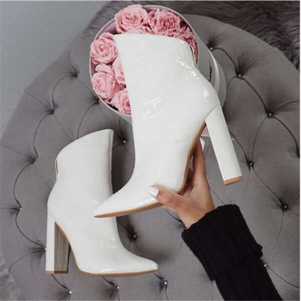 Women Shoes High Heels Leather White Ankle Boots - Image 4