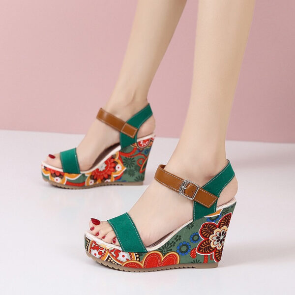 Fashion Flowers Embroidered High Wedge Sandals For Women Summer Toe Platform Buckle Shoes - Image 4