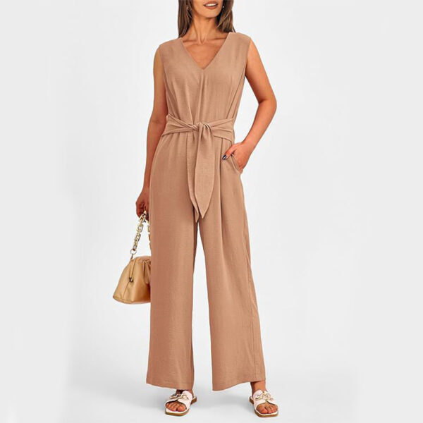 New V-neck Sleeveless Long Jumpsuit With Pockets And Lace-up Design Wide-leg Straight Trousers Summer Womens Clothing - Image 8