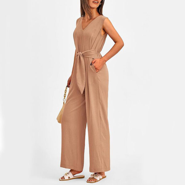 New V-neck Sleeveless Long Jumpsuit With Pockets And Lace-up Design Wide-leg Straight Trousers Summer Womens Clothing - Image 9