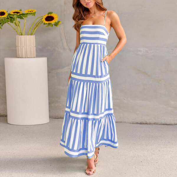 Summer Striped Printed Suspender Long Dress With Pockets Fashion Square Neck Backless Dresses For Beach Vacation Women Clothing - Image 5