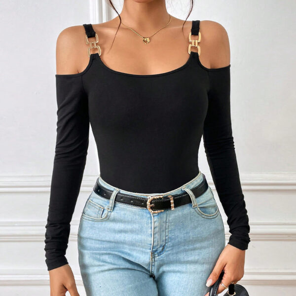 Women's Spring And Summer Fashion Simple Suspender Off-Shoulder Metal Hook Long-Sleeved Sexy Top - Image 4