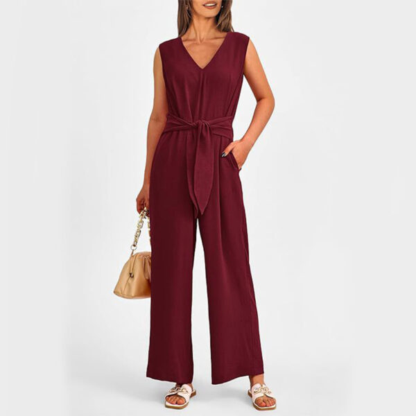 New V-neck Sleeveless Long Jumpsuit With Pockets And Lace-up Design Wide-leg Straight Trousers Summer Womens Clothing - Image 7