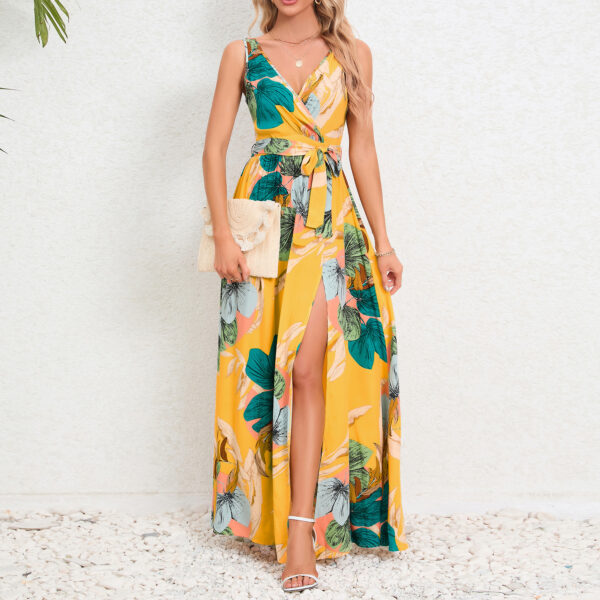 V-neck Floral Print Long Dress Summer Fashion Waist Tie Slit Design Sleeveless Dress For Womens Clothing - Image 3