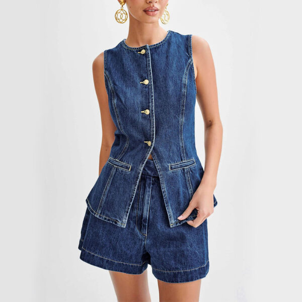 Fashion Denim Suit Summer Casual Sleeveless Button Vest Top And High Waist Shorts Set For Womens Clothing - Image 4