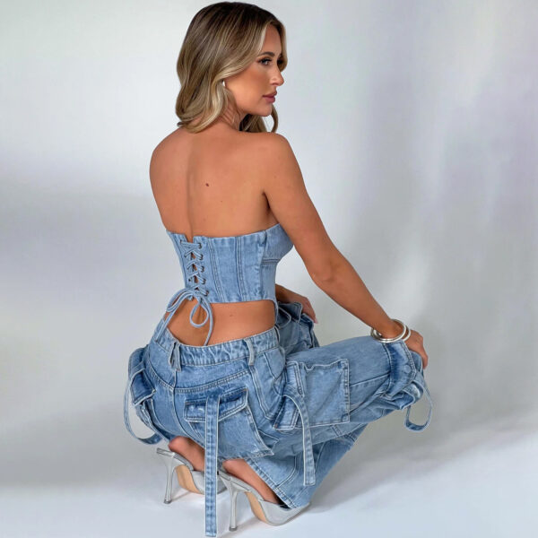 Women's Suit Low Waist Three-dimensional Tube Top And Pocket Stitching Jeans Pants - Image 8