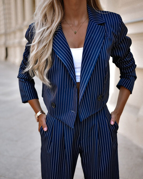 Fashion Striped Suits Casual Lapel Long Sleeve Cropped Top And Straight Pants Outfits Women's Clothing - Image 7