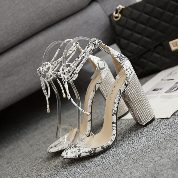 Women Rome Heeled Sandals Bandage Rhinestone Ankle Strap Pumps Super High Heels 10CM Square Heels Lady wedding Shoes - Image 4