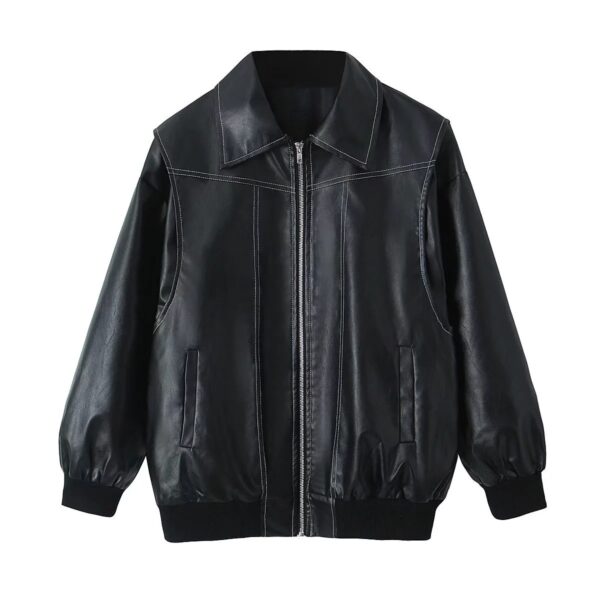 Loose Fashion Lapel Zip-up Jacket Cool Long Sleeve Zipper Closure Moto Biker Leather Jacket Womens Clothing - Image 5