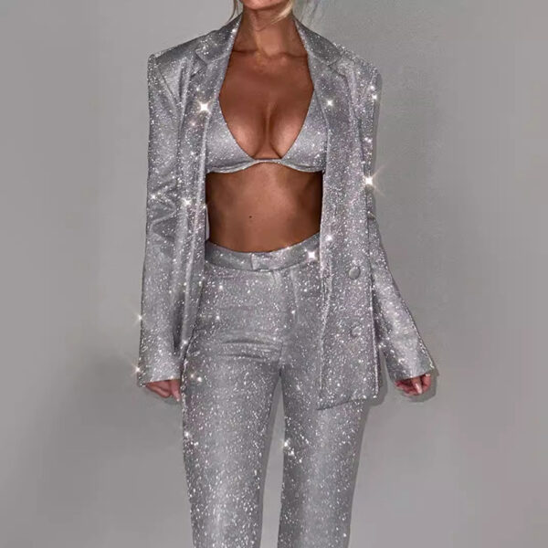 3pcs Shiny Long-sleeved Suit With Bra Lapel Blazer And Straight-leg Trousers Fashion Party Jacket Set For Women Clothing - Image 7