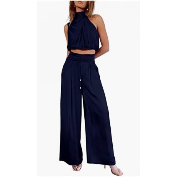 Summer Suits Casual Sleeveless Midriff-baring Top And Wide Leg Pants 2pcs Set Womens Clothing - Image 2