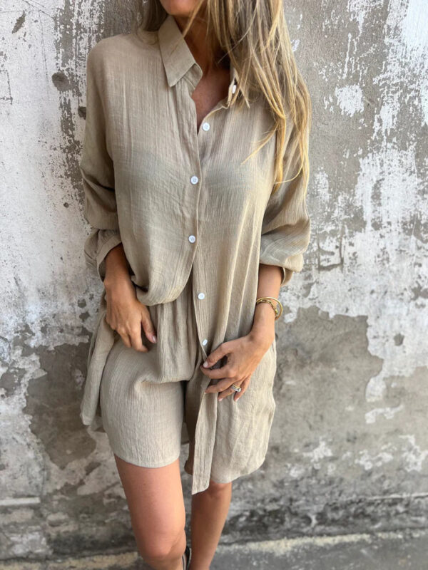 2pcs Loose Long-sleeved Shirt Suit With Lapel Button Tops And Elasticated Shorts Fashion Casual Clothing For Women - Image 3