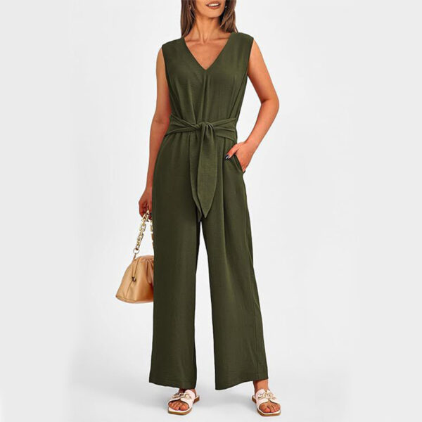 New V-neck Sleeveless Long Jumpsuit With Pockets And Lace-up Design Wide-leg Straight Trousers Summer Womens Clothing - Image 6