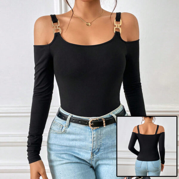 Women's Spring And Summer Fashion Simple Suspender Off-Shoulder Metal Hook Long-Sleeved Sexy Top - Image 6