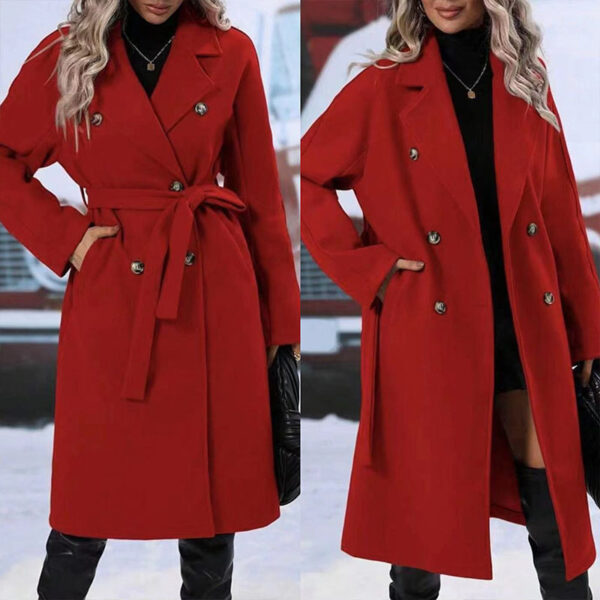 Lapel Double-breasted Trench Coat With Belt Winter Fashion Solid Color Long Jacket Outwear Women Clothing - Image 4