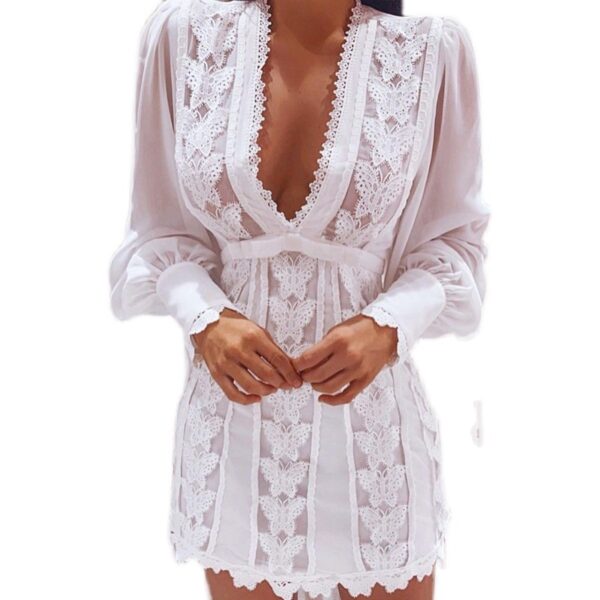 White Elegant Dresses Sexy V Neck Lace Dress Long Puff Sleeve Butterfly Dress For Women - Image 4