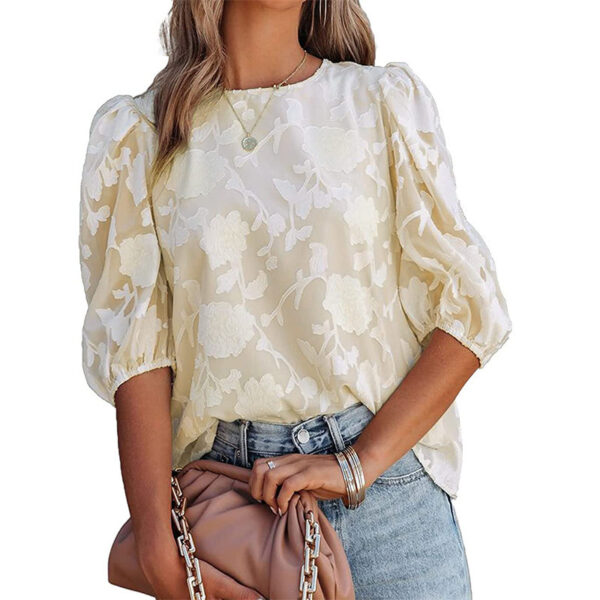 Women's Puff Sleeve Chiffon Loose Top Flower Texture Shirt - Image 2