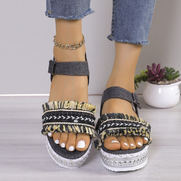 Fashion Tassel Denim Sandals With Thick-soled Flat Heel New Summer Hemp Rope Sole Ethnic Style Shoes For Women - Image 6