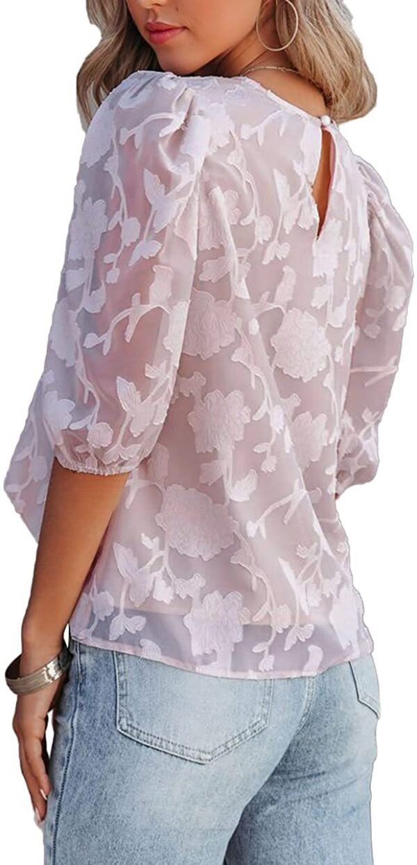 Women's Puff Sleeve Chiffon Loose Top Flower Texture Shirt - Image 3