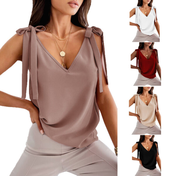 Bowknot Tie Up Camisole V-neck Shirts Women Summer Sleeveless Tank Tops - Image 2