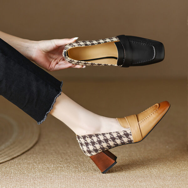 Square Head Thick Middle Heel Shoes Match Color Gingham Single Shoe Women