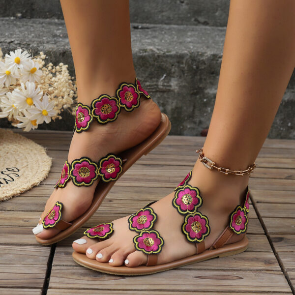 Ethnic Style Flowers Flat Sandals Summer Vacation Casual Clip Toe Beach Shoes For Women - Image 3