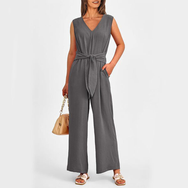 New V-neck Sleeveless Long Jumpsuit With Pockets And Lace-up Design Wide-leg Straight Trousers Summer Womens Clothing - Image 5