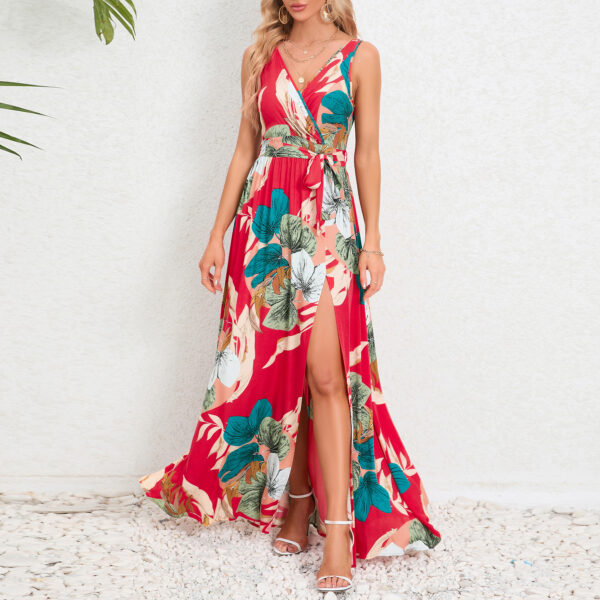 V-neck Floral Print Long Dress Summer Fashion Waist Tie Slit Design Sleeveless Dress For Womens Clothing - Image 10