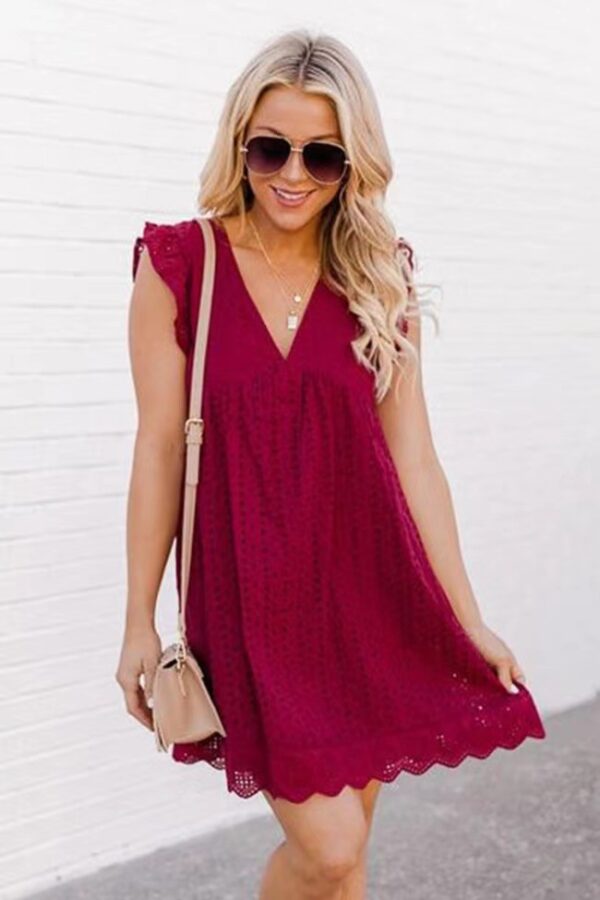 Lace Dresses With Pocket Summer Sleeveless Jacquard Cutout V-Neck Beach Dress - Image 8