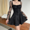 Lace Square Collar Dress Bell-bottom Long Sleeve Tied A- Line Dresses Womens Clothing - Image 4