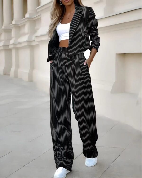 Fashion Striped Suits Casual Lapel Long Sleeve Cropped Top And Straight Pants Outfits Women's Clothing - Image 3