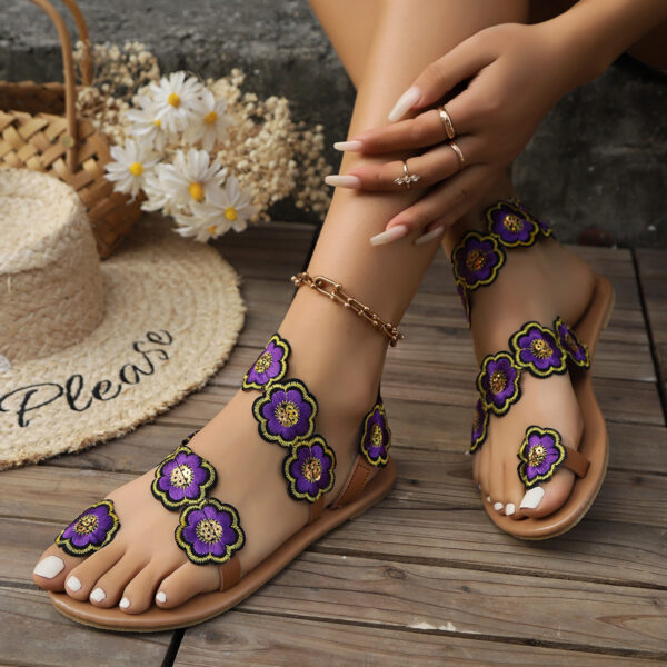 Ethnic Style Flowers Flat Sandals Summer Vacation Casual Clip Toe Beach Shoes For Women - Image 6